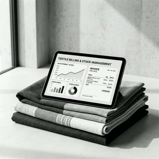 Minimalist dashboard UI on a modern tablet display with textiles